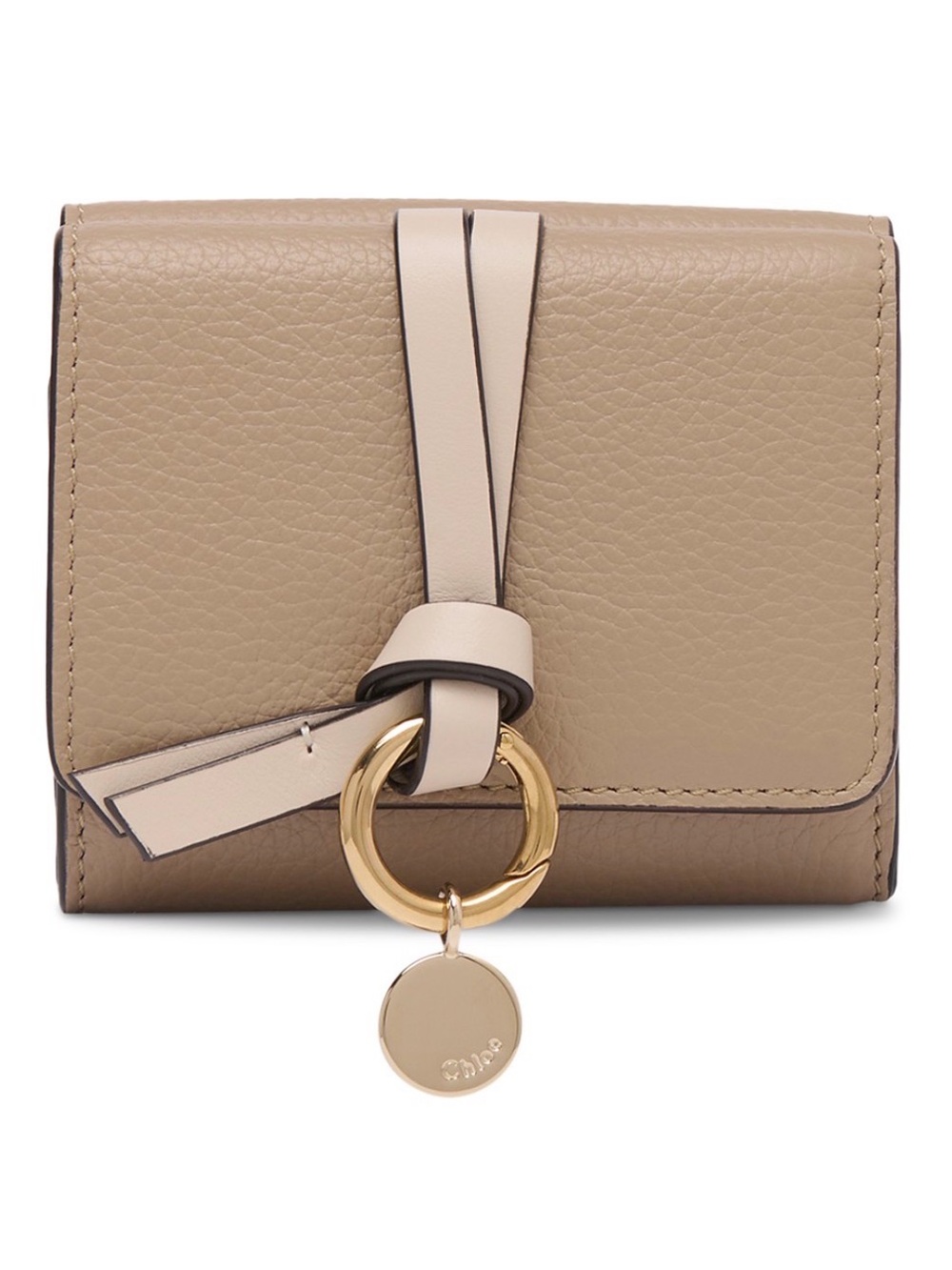 Chloé Taupe Leather Card Holder with Gold Ring Charm